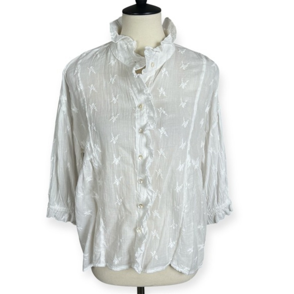 Sundance Ruffled Embroidered Cotton‎ Gauze Button Up Top Sz Small Petite *note